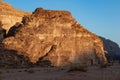 Magic mountain landscapes of Wadi Rum Desert, Jordan. Mountains in lifeless desert resemble Martian craters. Sand is beautiful Royalty Free Stock Photo