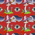 Magic mushroom, fish, eye seamless pattern