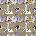 Magic mushroom, fish, eye seamless pattern