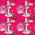 Magic mushroom, funny monster and ladybug seamless pattern