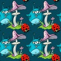 Magic mushroom, funny monster and ladybug seamless pattern