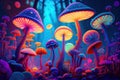 magic mushroom garden blooming with psychedelic colors