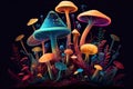 magic mushroom garden with different species of mushrooms growing in variety of colors