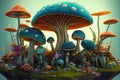 magic mushroom garden, with different varieties growing in peaceful setting