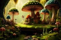 magic mushroom garden, with different varieties growing in peaceful setting