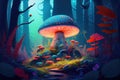 magic mushroom growing in the forest, surrounded by colorful flora