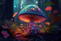 magic mushroom growing in the forest, surrounded by colorful flora