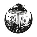 Magic mushroom moon vector silhouette, black line contour drawing. Celestial print