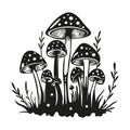 Magic mushroom nature vector silhouette black line contour drawing with funguses Royalty Free Stock Photo