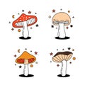 Magic mushroom set. Different colored mushroom symbols. Psychedelic mushrooms sketch. Mushrooms in hippie 70s retro