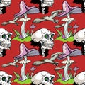 Magic mushroom, skull and seagull seamless pattern