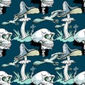 Magic mushroom, skull and seagull seamless pattern