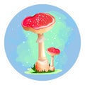 Magic mushrooms. Amanita on a blue background. Fireflies and smoke. Nice sticker