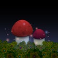 Magic mushrooms with fireflies in the night fairy forest.
