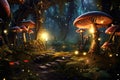 Magic mushrooms fly agaric in the forest, a fabulous forest thicket. Glowing mushrooms. Generative AI illustration. Royalty Free Stock Photo