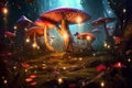 Magic mushrooms in the forest, a fabulous forest thicket. Glowing mushrooms. Generative AI illustration. Royalty Free Stock Photo