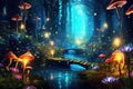 Magic mushrooms in the forest, a fabulous forest thicket. Glowing mushrooms. Generative AI illustration. Royalty Free Stock Photo