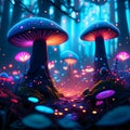 Magic mushrooms in the forest. Fantasy magic landscape. 3d illustration generative AI Royalty Free Stock Photo