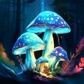 Magic mushrooms in the forest at night. Fairytale landscape. Vector illustration AI generated Royalty Free Stock Photo