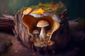 magic mushrooms growing from decaying tree stump