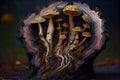 magic mushrooms growing from decaying tree stump