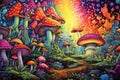 Magic mushrooms. Psychedelic hallucination. Vibrant illustration. 60s 70s hippie colorful art Royalty Free Stock Photo