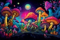 Magic mushrooms. Psychedelic hallucination. Vibrant illustration. 60s 70s hippie colorful art