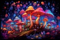 Magic mushrooms. Psychedelic hallucination. Vibrant illustration. 60s 70s hippie colorful art