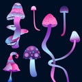 Magic mushrooms. Set of fluorescent mushrooms. Unusual mushrooms on a dark background. Vector illustration. Royalty Free Stock Photo