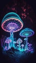 Magic mushrooms, psychdelic illustration in vibrant neon colors, line art on black, AI generative Royalty Free Stock Photo