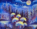 Abstract magic mushrooms on a winter blue background. Forest of spruce trees. Snowing. The big moon is shining original oil painti