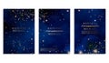 Magic night dark blue sky with sparkling stars vector wedding invitation. Andromeda galaxy. Gold glitter powder splash background