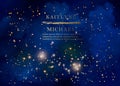 Magic night dark blue sky with sparkling stars vector wedding invitation. Andromeda galaxy. Gold glitter powder splash background