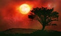 Magic night lanscape with starry sky, full red moon and tree Royalty Free Stock Photo