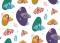 Magic night moth seamless pattern. Bright mystical cute butterfly background