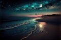 Magic night sea with sandy beach at dusk, luminous waves. Stars, moon and clouds on sky. Generative AI Royalty Free Stock Photo