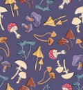 Magic night seamless pattern with colorful mushrooms on violet background. Vintage repeated background in hand-drawn style.