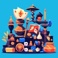 Magic objects on blue background. Vector illustration in flat cartoon style. AI generated