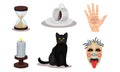 Magic Objects Collection, Witchcraft Symbols, Hourglass, Palm with Seeing Eye, Black Cat, Candle, Mask Vector Royalty Free Stock Photo