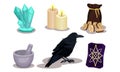 Magic Objects Collection, Witchcraft Symbols, Raven, Mortar and Pestle, Candles, Maic Crystal Vector Illustration Royalty Free Stock Photo