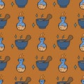 Magic objects seamless pattern for alchemical medicine. Spiritual vector illustration of potion in flask, mortar and