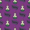 Magic objects seamless pattern for alchemical medicine. Spiritual vector illustration of potion in flask. Witchcraft