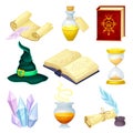Magic objects set. Glass bottle with potion, witch hat, book, crystal, paper scroll cartoon vector illustration Royalty Free Stock Photo