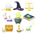 Magic objects set. Magic wand, glass ball, cauldron with bubbling potion, book, scales, candle, chest cartoon vector