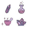 Magic objects for witch that used in alchemical medicine. Set of vector illustrations isolated on white. Witchcraft