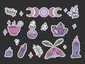 Magic objects for witch that used in alchemical medicine. Set of vector illustrations with white outline for stickers