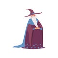 Magic old man medieval character wearing robe and pointed hat vector Illustration on a white background