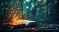 Magic open book with glowing lights and magic powder floating on the book. Royalty Free Stock Photo