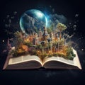 Magic opened the book, covered with grass, trees and a waterfall, surrounded by the ocean. Fantastic world, imaginary