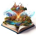 Magic opened the book, covered with grass, trees and a waterfall, surrounded by the ocean. Fantastic world, imaginary